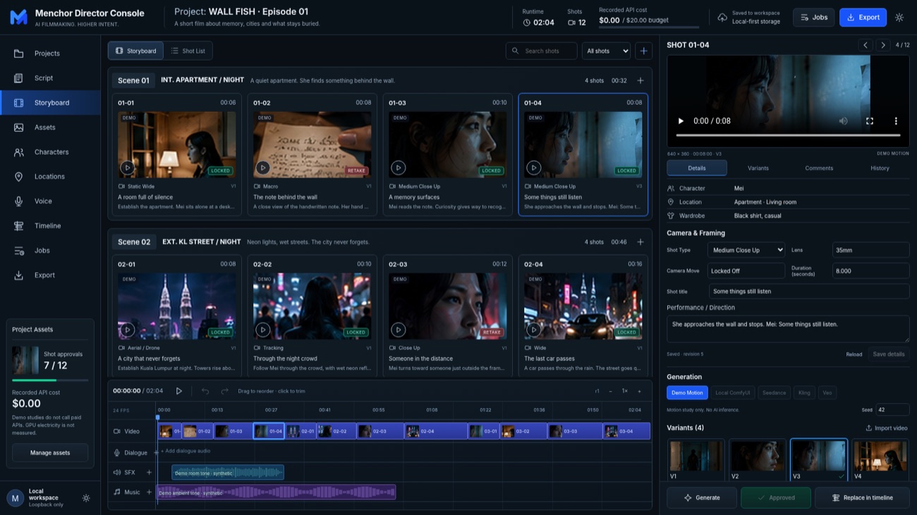 Director Console storyboard and editing workspace